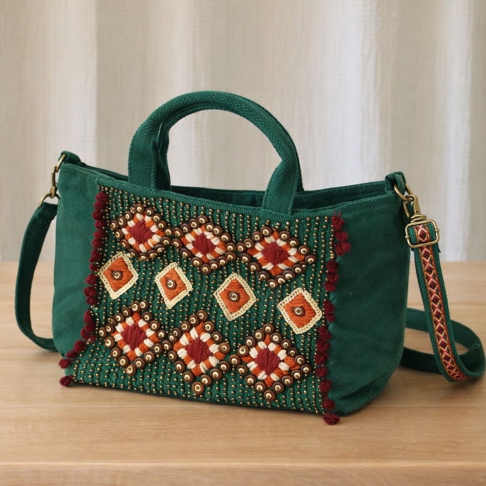 Elegant Embroidered Green Crossbody Bag
